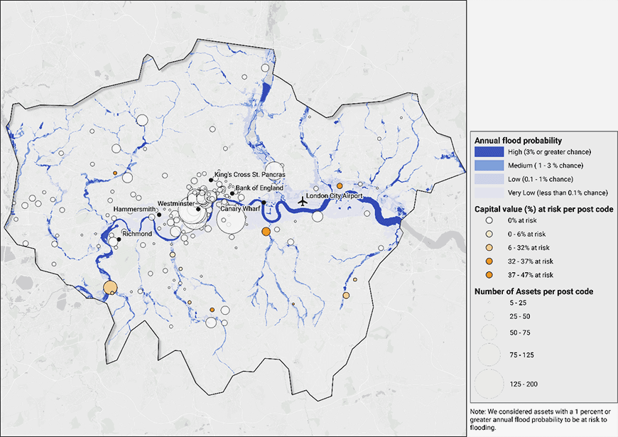 a map of capital value at risk per postcode in Greater London area